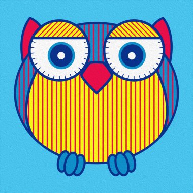 Sarı, kırmızı ve mavi renkli oval baykuş çizgi filmi, yağlı boya efektiyle çizilmiş.