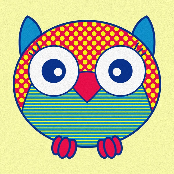 Illustration Funny Cartoon Oval Owl Red Yellow Blue Hues Made — Stock Photo, Image