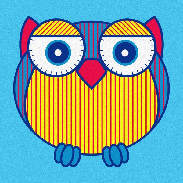 Illustration Amusing Cartoon Oval Owl Yellow Red Blue Hues Made — Stock Photo, Image