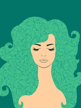 Çekici ve güzel bir kadın. Kapalı gözleri ve dilsiz turkuaz rengi çiçekli saçları var.