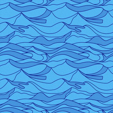 Seamless abstract pattern with wavy and straight lines, similar to mountains, made as an oil painting in blue hues
