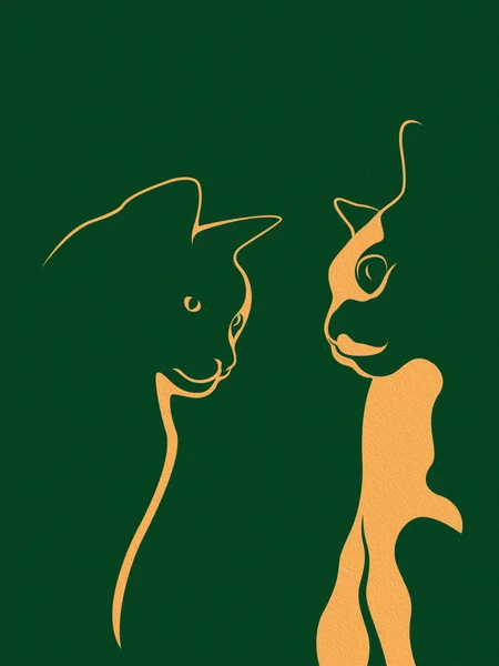 Abstract Outline Two Cats Beige Stencil Dark Green Background — Foto Stock