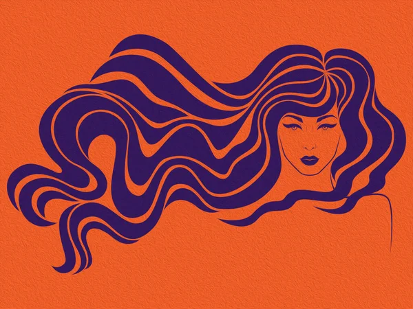 Стилизованная Модная Женщина Длинными Волосами Потоке Чувственным Лицом Красочная Иллюстрация — стоковое фото