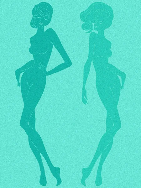 Two Silhouette Elegant Graceful Women Closed Eyes Turquoise Hues — Stock Photo, Image