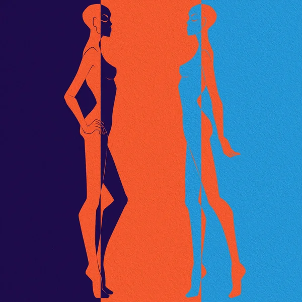 Abstract Two Elegant Female Bodies Split Negative Positive Space Colorful — Stock Photo, Image