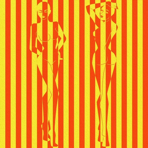 Abstract Two Charming Women Illustration Divided Colorful Wide Stripes Pseudo — Stock Fotó