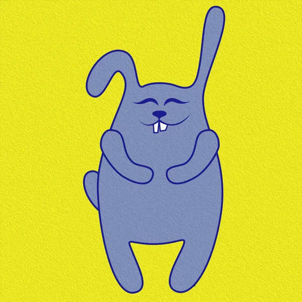 Épais Amusant Joyeux Lapin Bleu Sur Jaune Illustration Dessin Animé — Photo