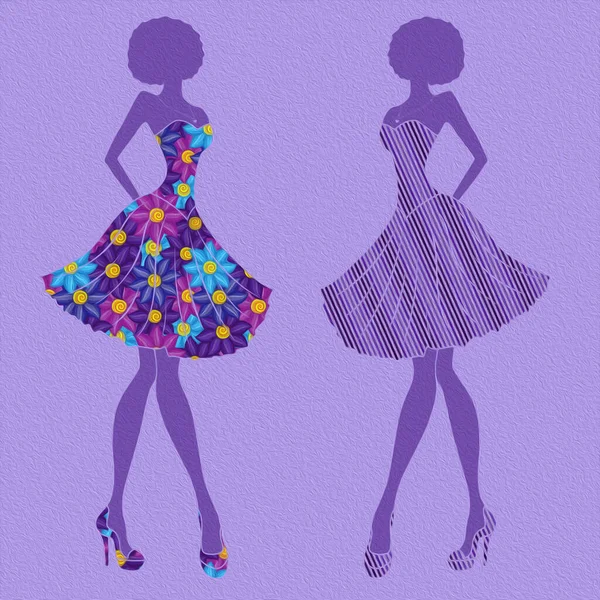 纤细时髦的年轻模特 主要穿着蓝色和紫色的短裙 用紫色背景隔离的铅笔 — 图库照片