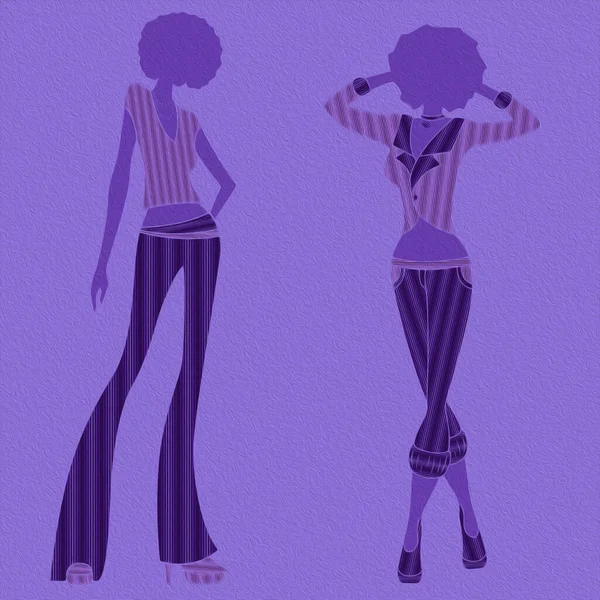 迷人的时尚女性身材 穿着时髦的紫罗兰色裤子 高跟鞋与紫罗兰色背景隔离 — 图库照片