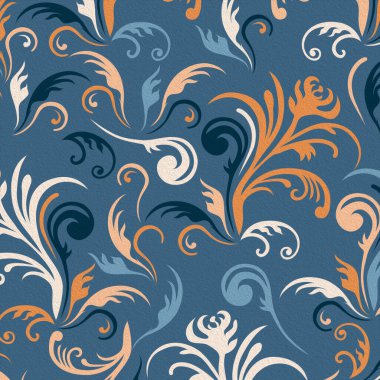 Dekoratif çiçek süsleri, soluk pembe arka planda mavi ve turuncu renkli narin çiçekler.