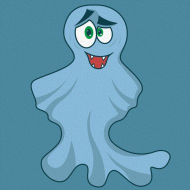 Renkli komik cadılar bayramı hayaleti sessiz mavi bir arkaplanda izole edilmiş, karikatür çizimi