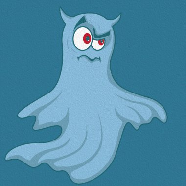 Renkli komik cadılar bayramı hayaleti sessiz mavi bir arkaplanda izole edilmiş, karikatür çizimi