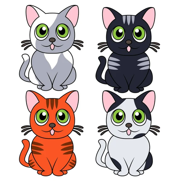 Quatro Divertidos Diferentes Desenhos Animados Gatos Isolados Fundo Branco Imagem — Vetor de Stock