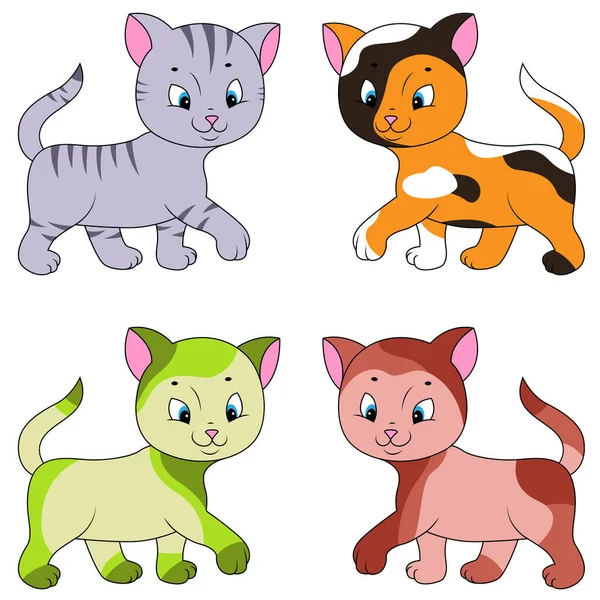 Quatro Gatos Desenhos Animados Diferentes Isolados Fundo Branco Imagem Cor — Vetor de Stock