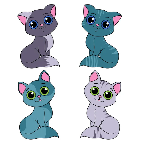 Cuatro Divertidos Gatos Dibujos Animados Diferentes Aislados Sobre Fondo Blanco — Vector de stock