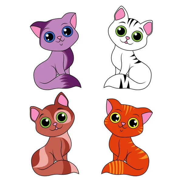 Cuatro Divertidos Gatos Dibujos Animados Diferentes Aislados Sobre Fondo Blanco — Vector de stock