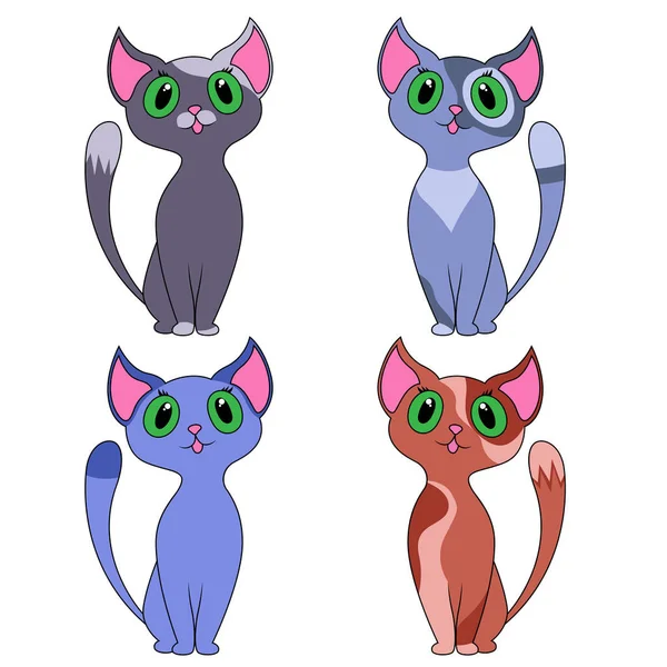 Quatro Divertidos Diferentes Desenhos Animados Gatos Isolados Fundo Branco Imagem — Vetor de Stock