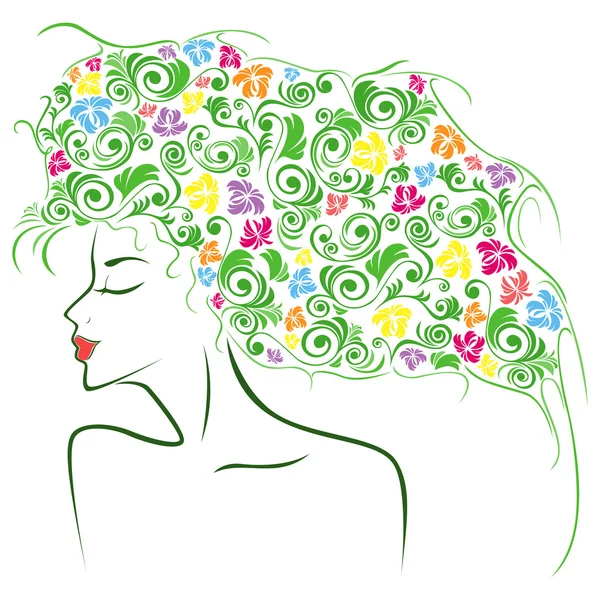 Contorno femenino con coloridos elementos florales — Vector de stock