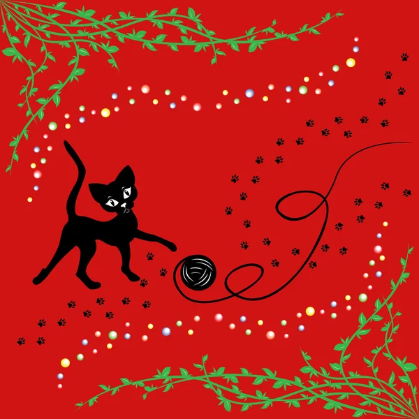 Chat noir jouant avec une boule de fil — Image vectorielle