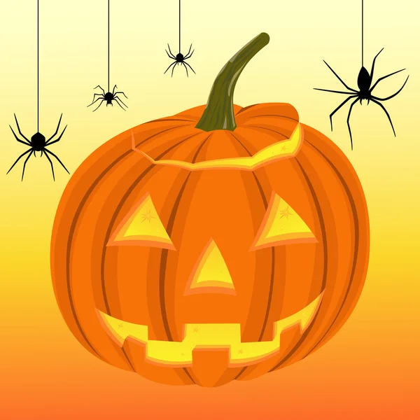 Halloween dýně a černé pavouci na webu — Stockový vektor