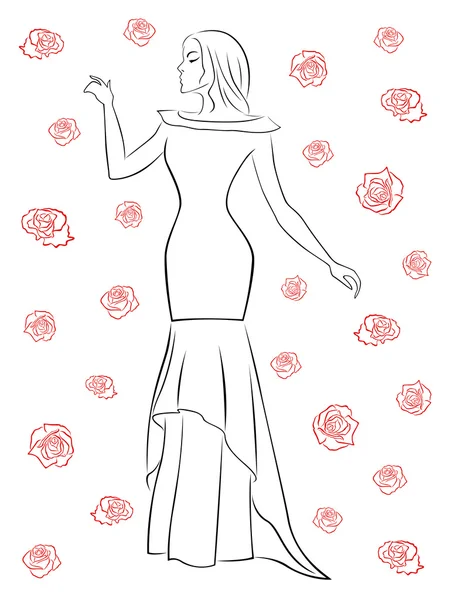 Mujer con estilo en un vestido largo entre rosas — Archivo Imágenes Vectoriales
