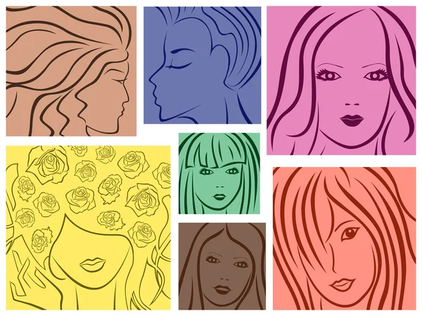 Set of seven colored women portrait — Stock Vector