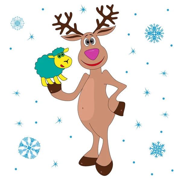 Christmas Reindeer holding a little sheep — Stock Vector