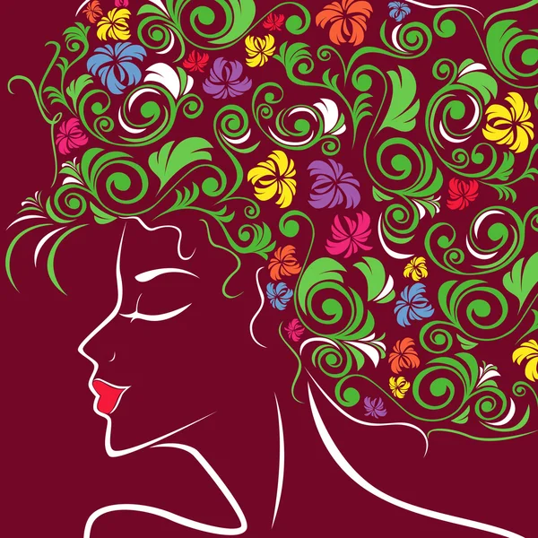 Perfil de cabeza de mujer con pelo floral — Vector de stock