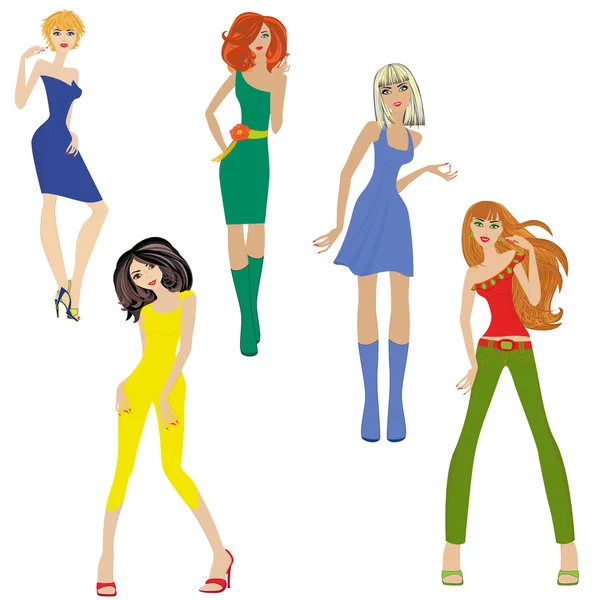 Ensemble de cinq femmes à la mode — Image vectorielle