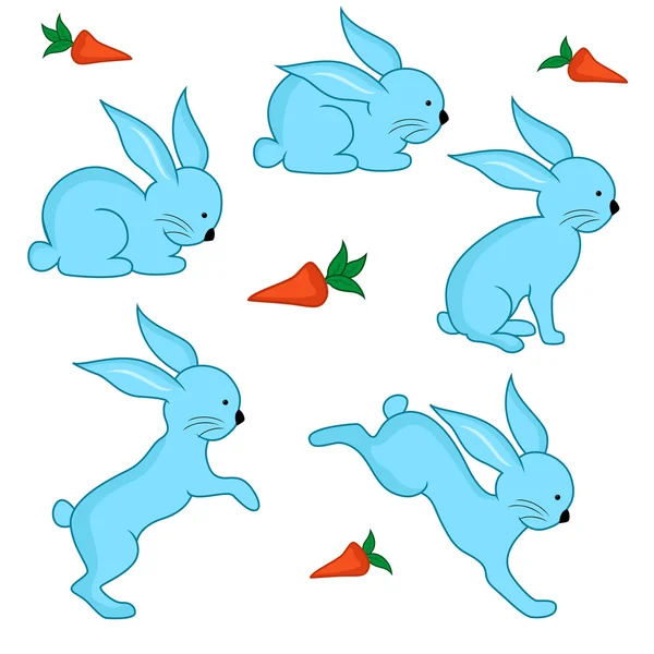 Conjunto de cinco coelhos azuis da Páscoa — Vetor de Stock