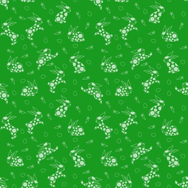 Seamless pattern with white rabbits over green clipart