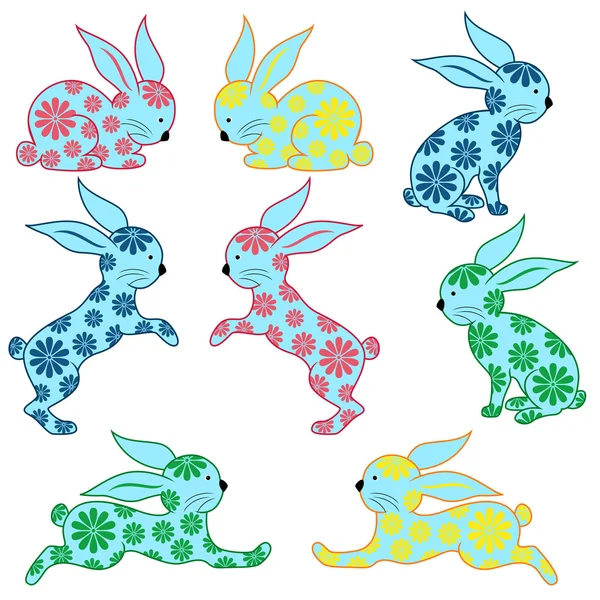 Eight ornamental rabbits — Stock Vector