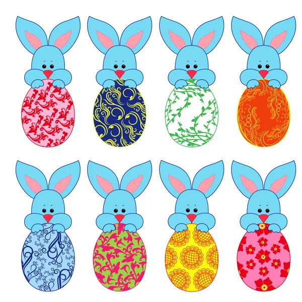Eight small Bunnies with Easter eggs — Stock Vector