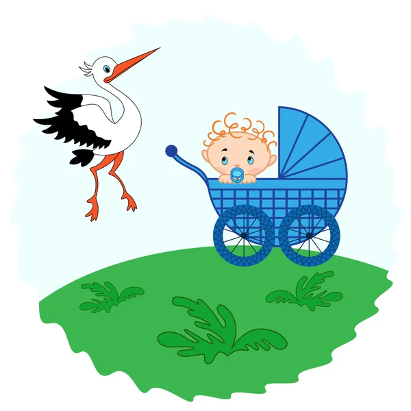 Baby boy in a and stork beside him — Stock Vector