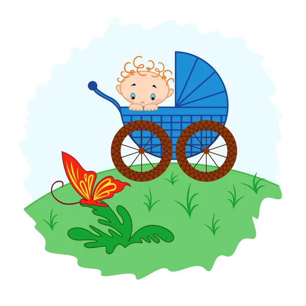 Малыш из коляски смотрит на бабочку — стоковый вектор