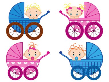 Four strollers with baby-boys and baby-girls clipart
