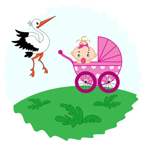 Baby girl in a pram and stork beside her — Stock Vector