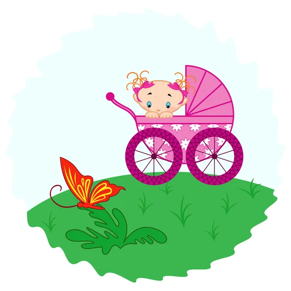 乳母車の蝶を見てから女の赤ちゃん — ストックベクタ