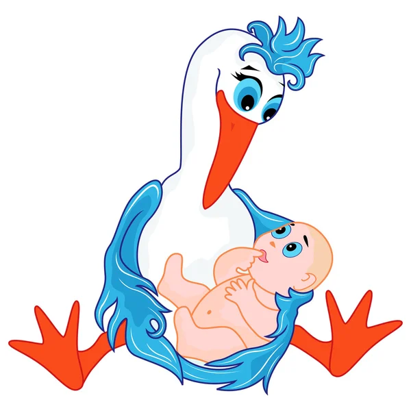 Amusing stork holding a newborn baby — Stock Vector