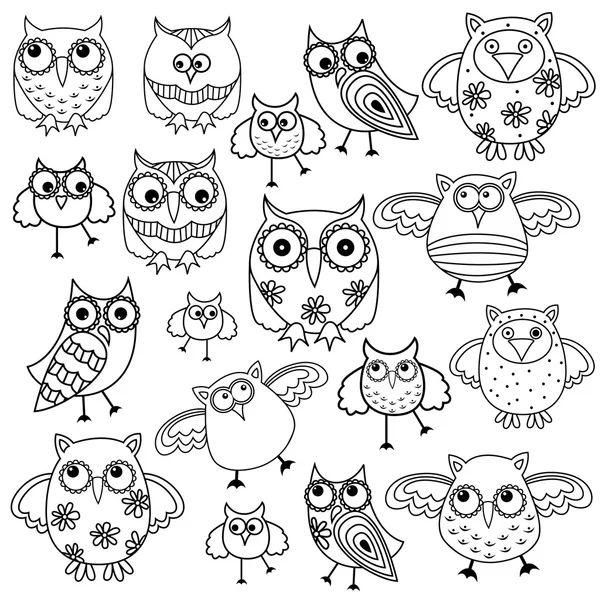 Eighty funny owls black outlines — Stock Vector