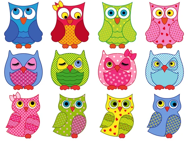 Set of twelve colourful cartoon owls — Stock Vector