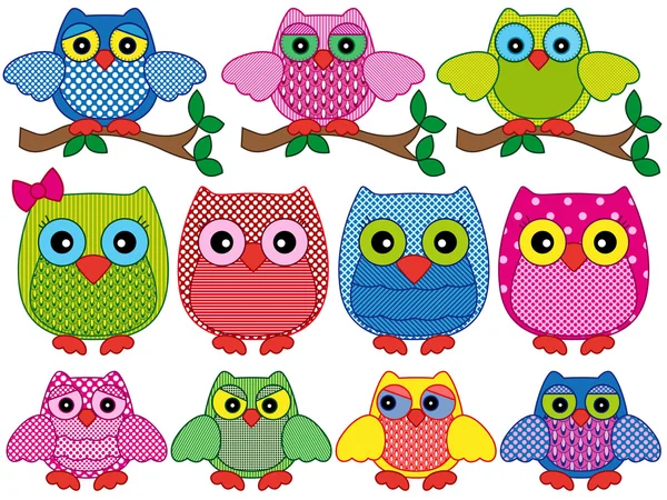 Set of eleven ornamental cartoon owls — Stock Vector