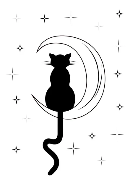 Black cat with long tail sitting on the moon — Stock Vector