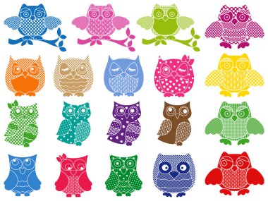 Set of nineteen ornamental owls clipart