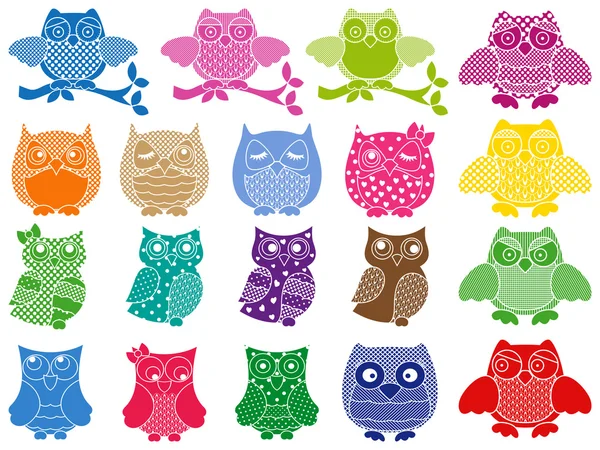 Set of nineteen ornamental owls — Stock Vector