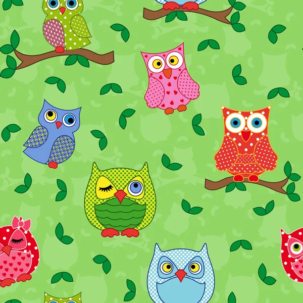 Seamless pattern with ornamental owls over light green — Stock Vector
