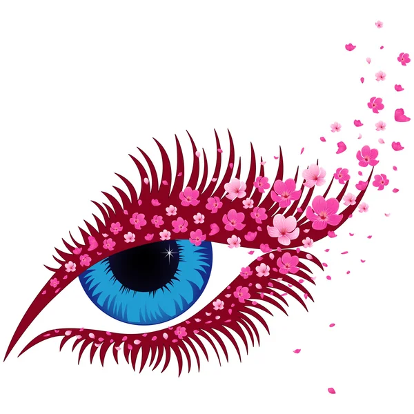 女性的蓝眼睛小粉红的樱花繁花似锦 — 图库矢量图片
