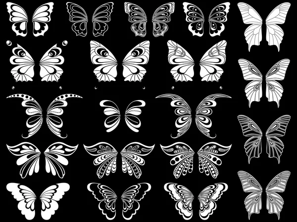 Set of twenty white butterflies over black — Stock Vector