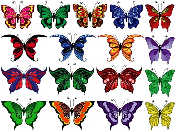 Conjunto de diecisiete mariposas coloridas — Vector de stock