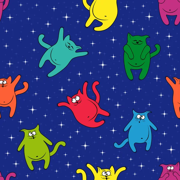 Seamless pattern with amusing cats on starry sky — Stock Vector